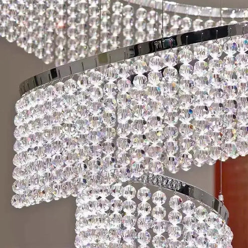 Lampadario ad anelli lunghi con nappe di cristallo Lampadario extra large per soggiorno, apparecchio di illuminazione a soffitto alto per scale