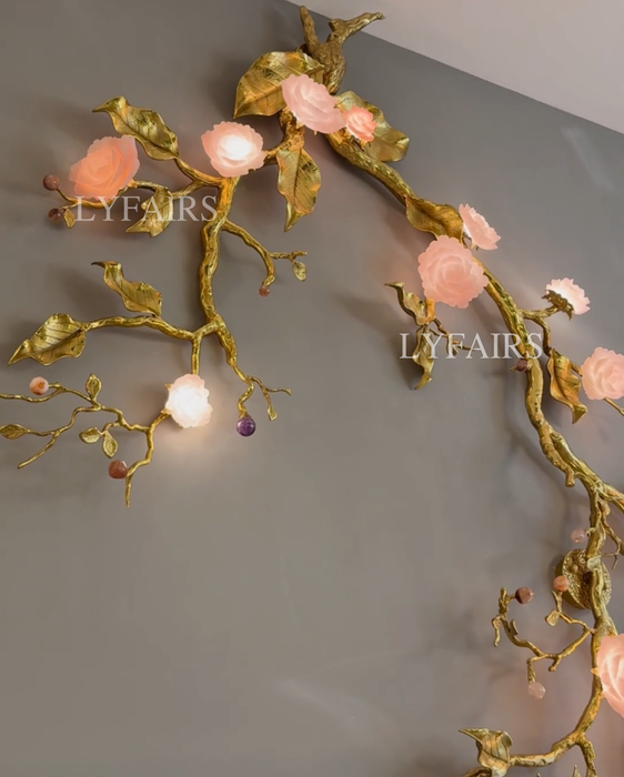 Luxury Elegant Golden Branch Blossom Twig Natural Crystal Lighting Set
