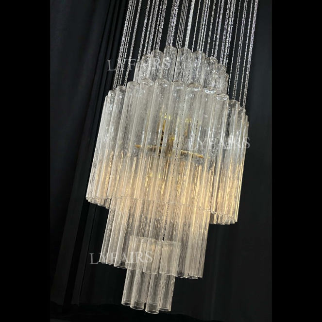 Luxury Floating Cascade Clear Glass Tube Chandelier for High Ceilings