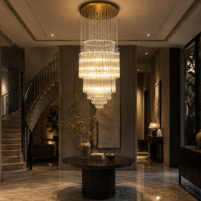Luxury Floating Cascade Clear Glass Tube Chandelier for High Ceilings
