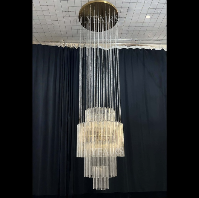 Luxury Floating Cascade Clear Glass Tube Chandelier for High Ceilings