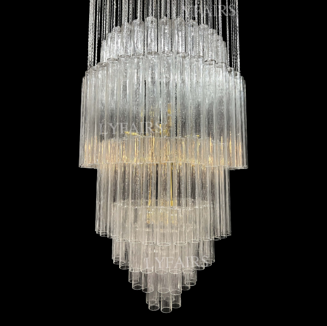 Luxury Floating Cascade Clear Glass Tube Chandelier for High Ceilings