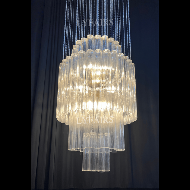 Luxury Floating Cascade Clear Glass Tube Chandelier for High Ceilings