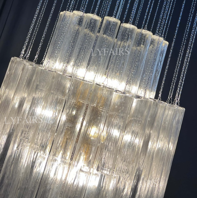 Luxury Floating Cascade Clear Glass Tube Chandelier for High Ceilings