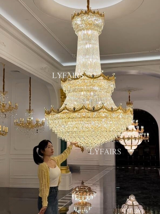 Luxury French Tiered Gilded Brass Cascading Crystal Chandelier for High Ceilings/Mansion/Villa