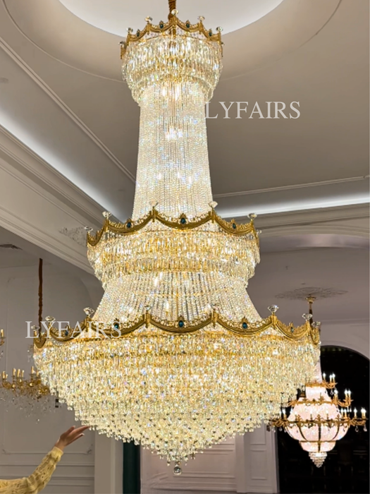 Luxury French Tiered Gilded Brass Cascading Crystal Chandelier for High Ceilings/Mansion/Villa