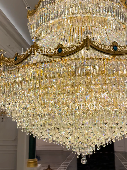 Luxury French Tiered Gilded Brass Cascading Crystal Chandelier for High Ceilings/Mansion/Villa