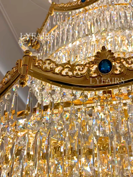 Luxury French Tiered Gilded Brass Cascading Crystal Chandelier for High Ceilings/Mansion/Villa