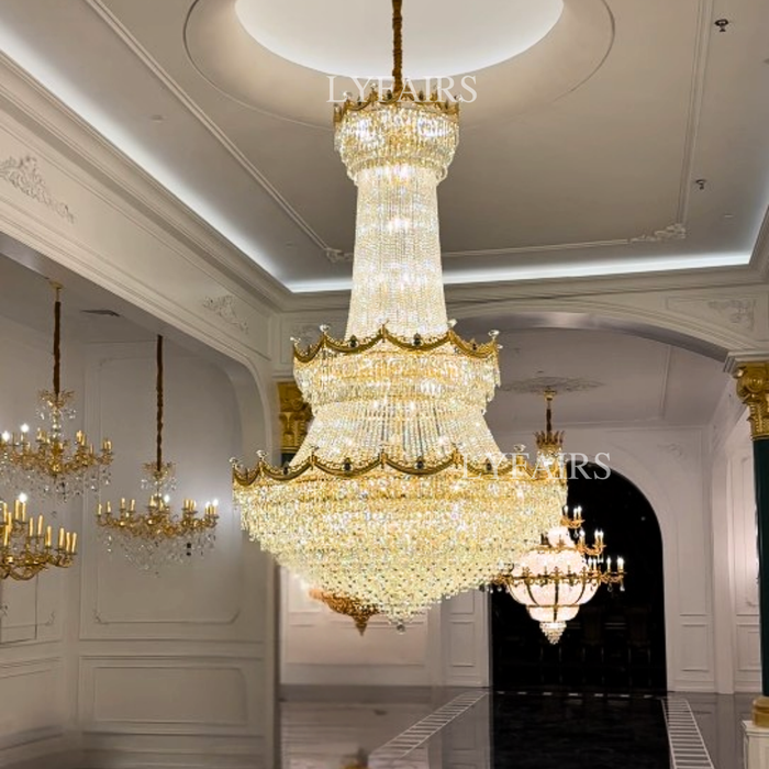 Luxury French Tiered Gilded Brass Cascading Crystal Chandelier for High Ceilings/Mansion/Villa