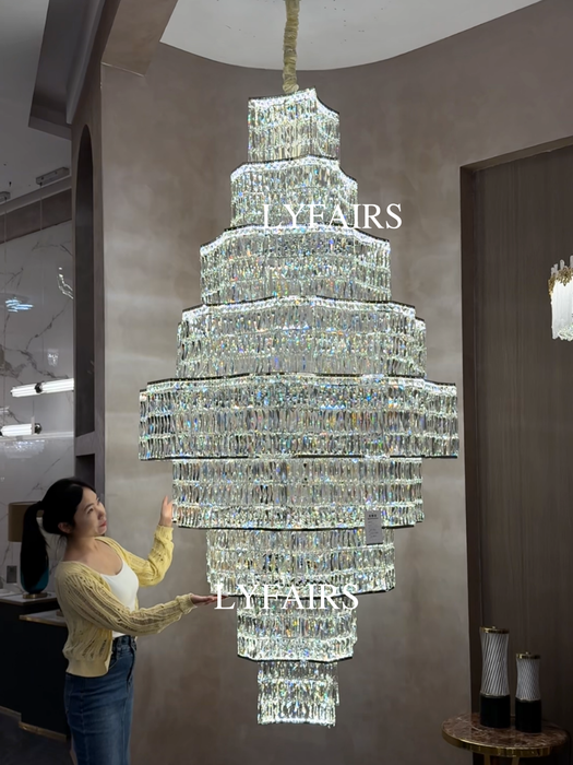 Luxury Grand Tiered Dazzling Crystal Cascade Chandelier for High Ceiling/Lobby/Staircase