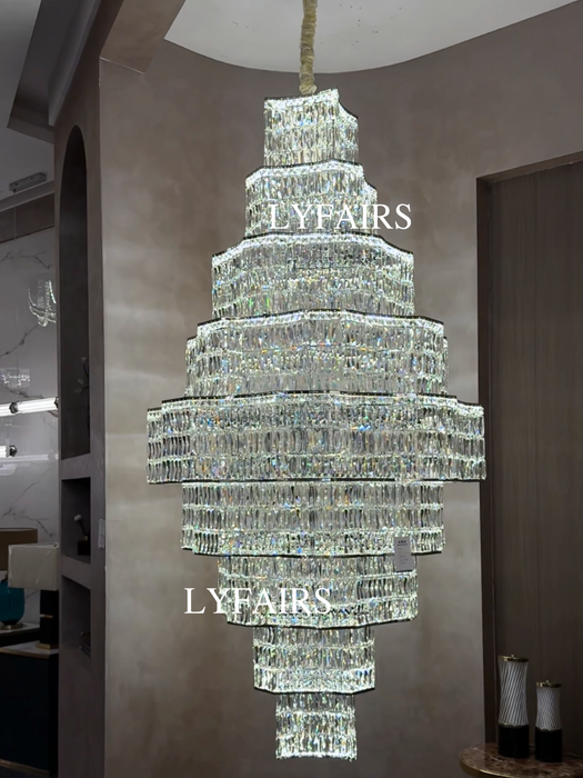 Luxury Grand Tiered Dazzling Crystal Cascade Chandelier for High Ceiling/Lobby/Staircase