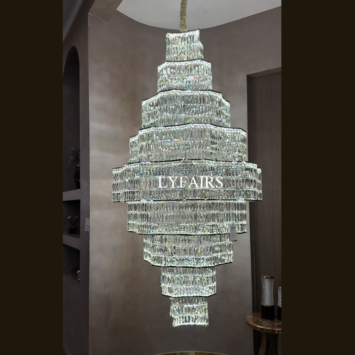 Luxury Grand Tiered Dazzling Crystal Cascade Chandelier for High Ceiling/Lobby/Staircase