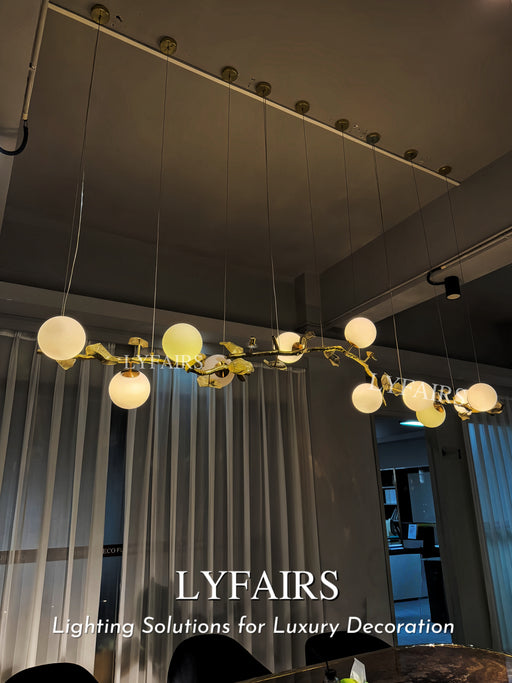 Luxury Linear Brass Branches Chandelier with White Globe Glass
