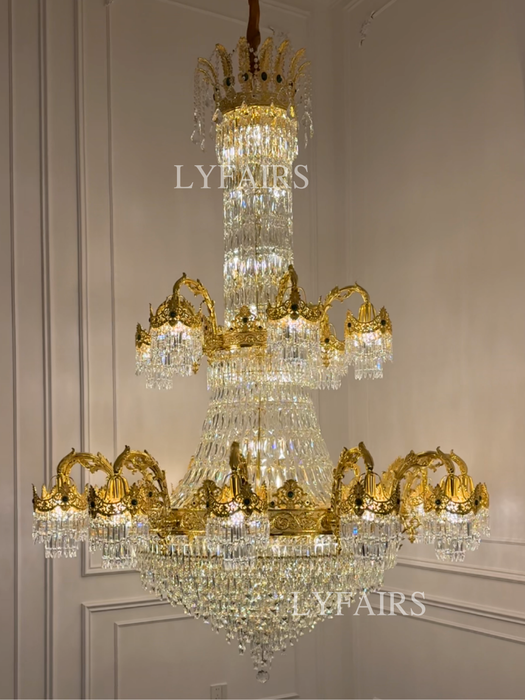 Luxury Palace-Style Tiered Gilded Brass Arm Crystal Chandelier