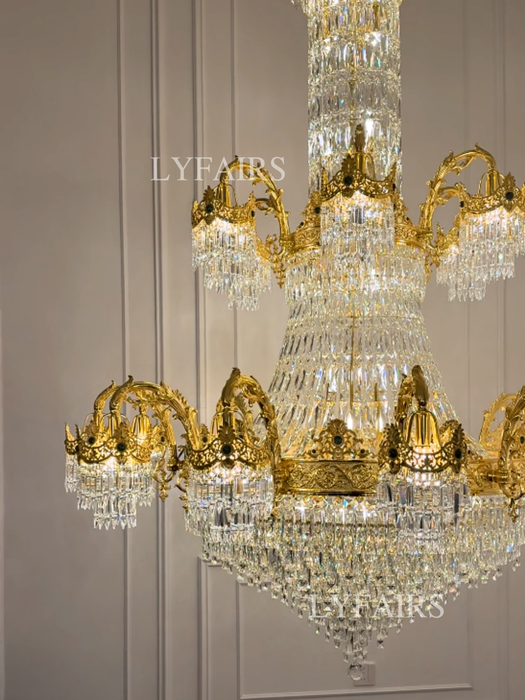 Luxury Palace-Style Tiered Gilded Brass Arm Crystal Chandelier