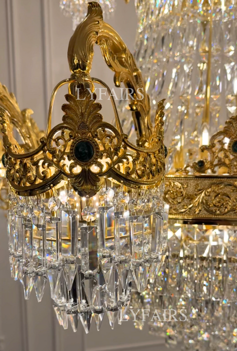 Luxury Palace-Style Tiered Gilded Brass Arm Crystal Chandelier