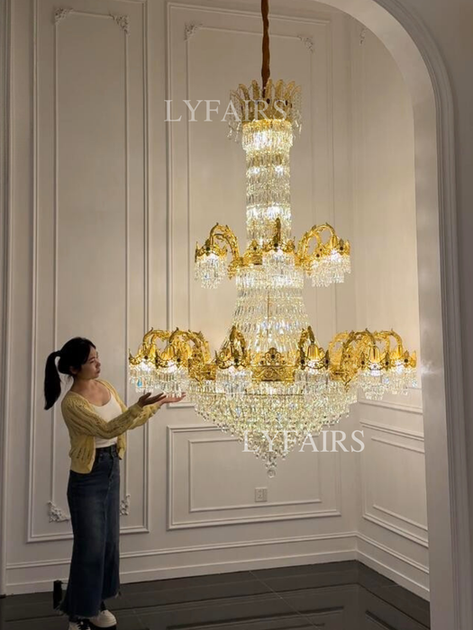 Luxury Palace-Style Tiered Gilded Brass Arm Crystal Chandelier