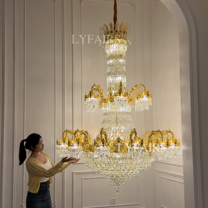 Luxury Palace-Style Tiered Gilded Brass Arm Crystal Chandelier