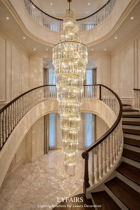 Lampadario di cristallo a spirale di lusso extra large con finitura dorata con applique