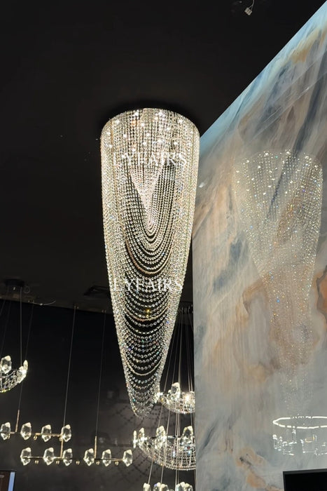 Luxury Waterfall Crystal Flush Mounted Chandelier for High Ceiling