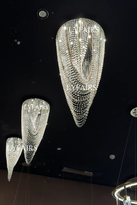Luxury Waterfall Crystal Flush Mounted Chandelier for High Ceiling
