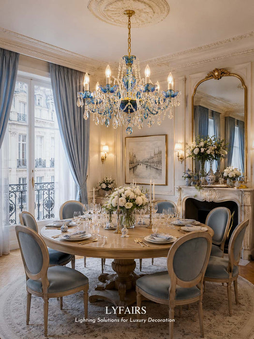 Lyfair French Blue Crystal Chandelier with 10 candle lights, measuring the size of D34.65"*H23.6" is perfect for Romantic French Transitional Style Dining Room