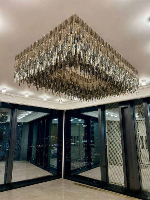 Grand Oversized Rectangular Gradient Smoky Amber Crystal Flush Mount Ceiling Light