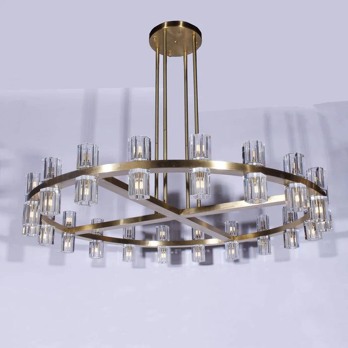 Lámpara de araña moderna redonda de cristal con anillos de latón, negro y cromo de 1/2 niveles