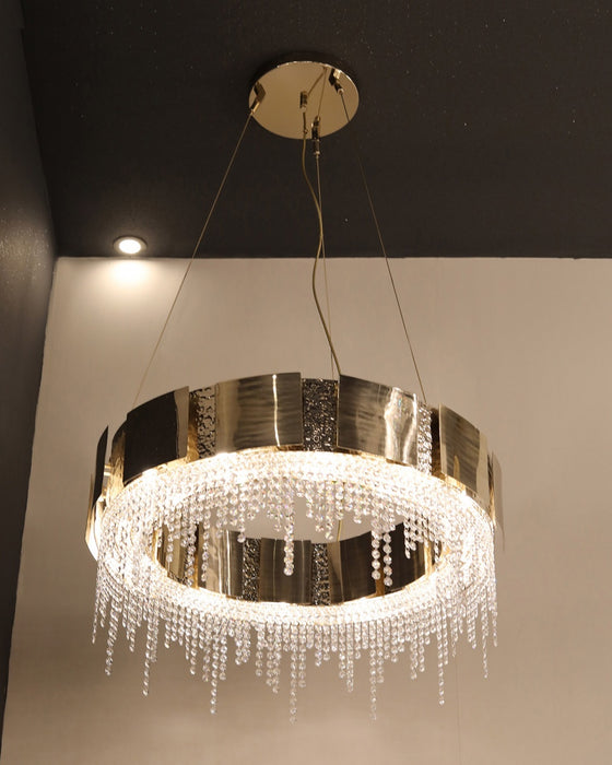 Lámpara de araña de cristal con borlas escalonadas, ovalada/redonda, ligera, posmoderna, acabado dorado, para sala de estar/comedor