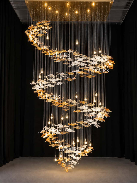Modern Ascending Spiral Floating Glass Feather Chandelier with Bulbs