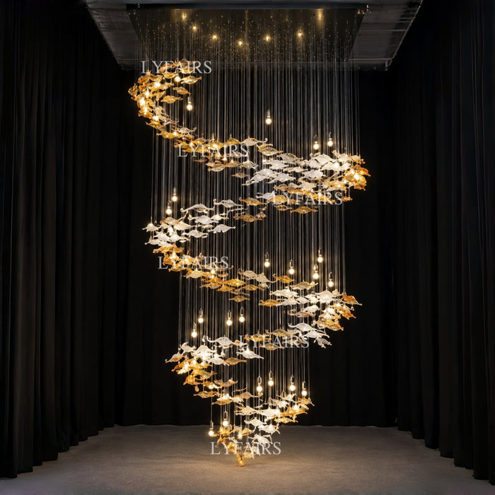 Modern Ascending Spiral Floating Glass Feather Chandelier with Bulbs