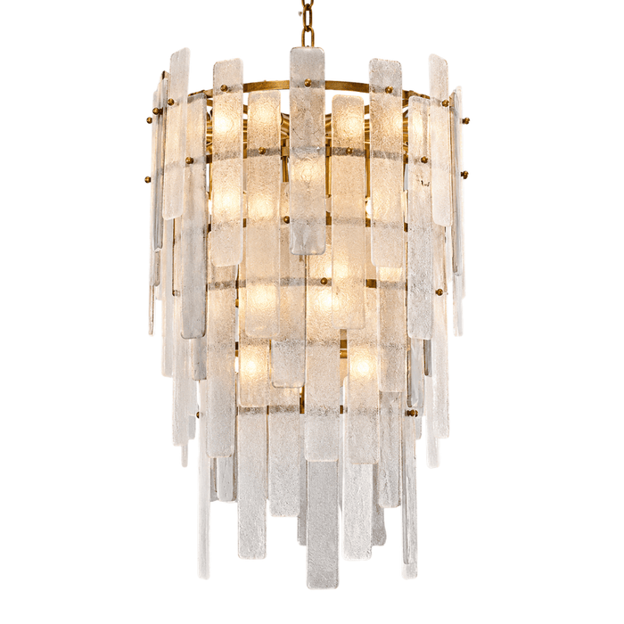 Modern Handcrafted Tiered Round Textured Slab Glass Antique Brass Chandelier