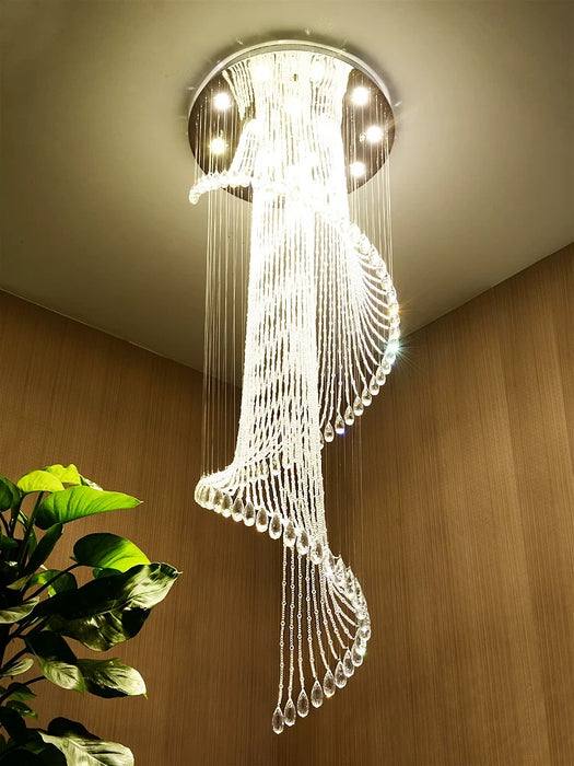 Modern Art Design Spiral Raindrop Crystal Chandelier for High Ceilings