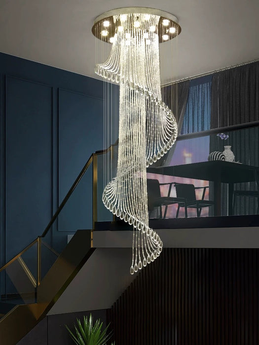 Modern Art Design Spiral Raindrop Crystal Chandelier for High Ceilings