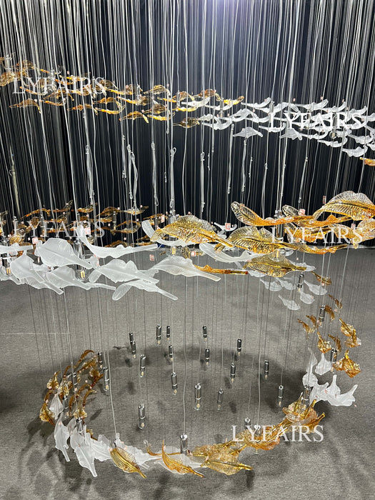 Modern Ascending Spiral Floating Glass Feather Chandelier with Bulbs