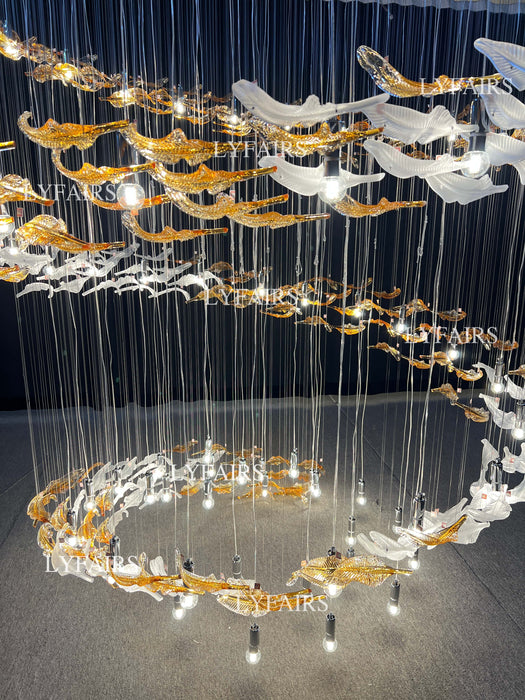 Modern Ascending Spiral Floating Glass Feather Chandelier with Bulbs