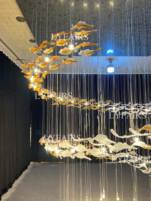 Modern Ascending Spiral Floating Glass Feather Chandelier with Bulbs