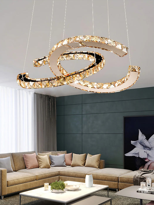 Lámpara de araña moderna de cristal doble C con acabado cromado para comedor/sala de estar/dormitorio