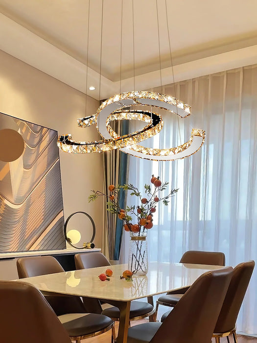 Lámpara de araña moderna de cristal doble C con acabado cromado para comedor/sala de estar/dormitorio