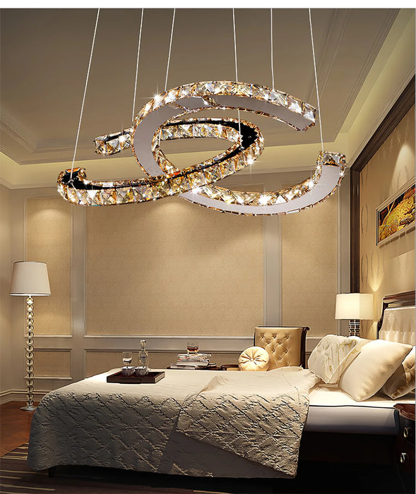 Lampadario moderno in cristallo a doppia C con finitura cromata per sala da pranzo/soggiorno/camera da letto