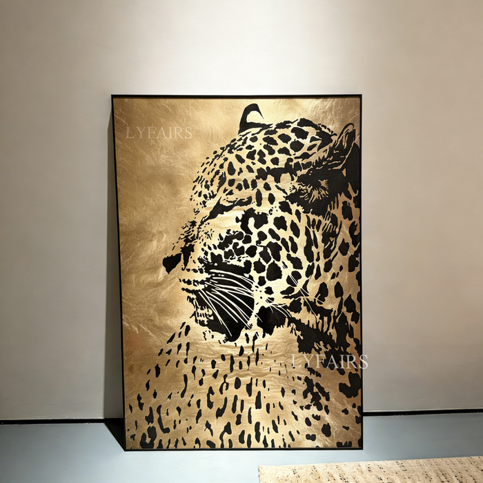 Modern Elegant Metallic Leopard Framed Wall Hanging for Luxury Interiors