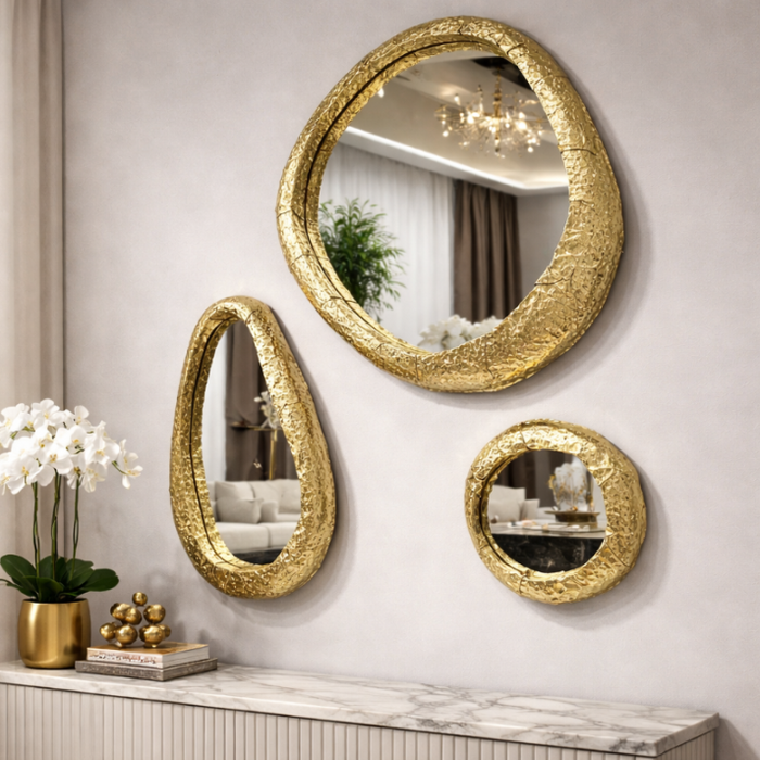 Modern Irregular Textured Brass Frame Wall Mirror for Luxury Home Decor