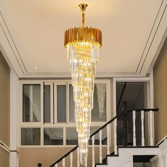 Lámpara de araña de cristal en espiral dorada de lujo para escalera/vestíbulo/entrada