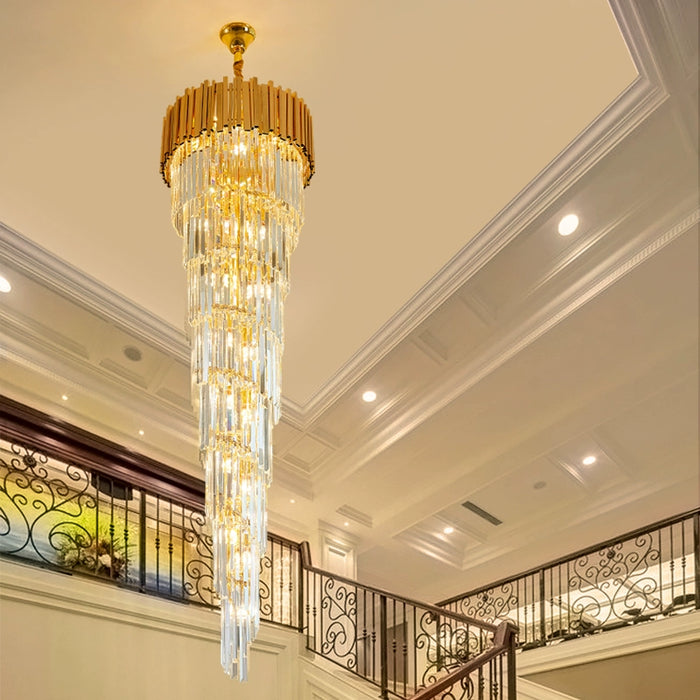 Lámpara de araña de cristal en espiral dorada de lujo para escalera/vestíbulo/entrada
