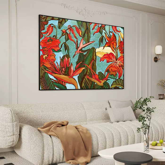 Hand-painted Flower and Bird Oil Painting Modern Abstract Art Background Wall Horizontal Painting