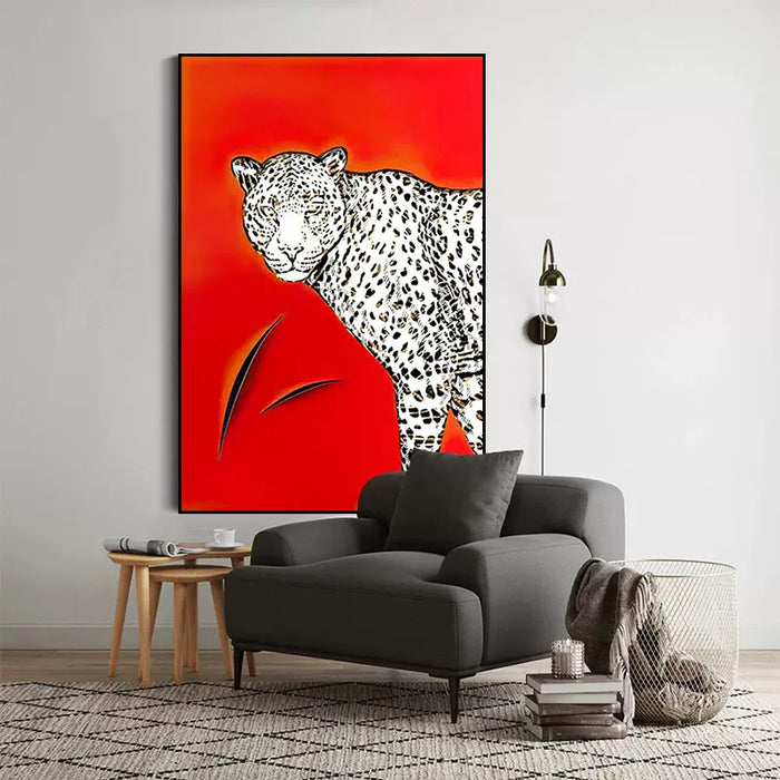 Decoración de pared de fondo de sofá con pintura al óleo de leopardo pintada a mano decorativa de arte abstracto rojo moderno