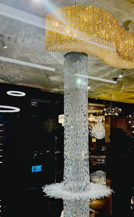 Lámpara de araña de cascada con columna de techo larga de cristal plateado de diseñador de arte de gran tamaño