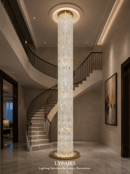 Lámpara de araña de cascada con columna de techo larga de cristal plateado de diseñador de arte de gran tamaño