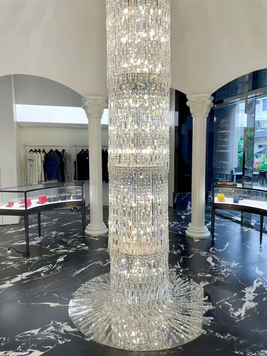 Lámpara de araña de cascada con columna de techo larga de cristal plateado de diseñador de arte de gran tamaño