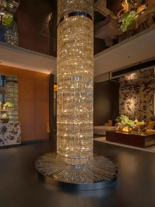 Lámpara de araña de cascada con columna de techo larga de cristal plateado de diseñador de arte de gran tamaño